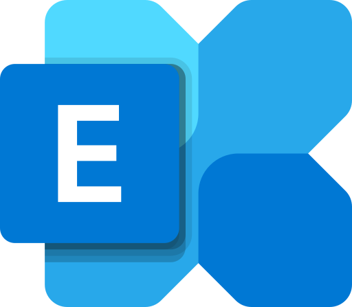 Das Microsoft Exchange Logo besteht aus einem X in drei verschiedenen Blautönen. Davor ist ein blaues Quadrat mit einem weißen E.
