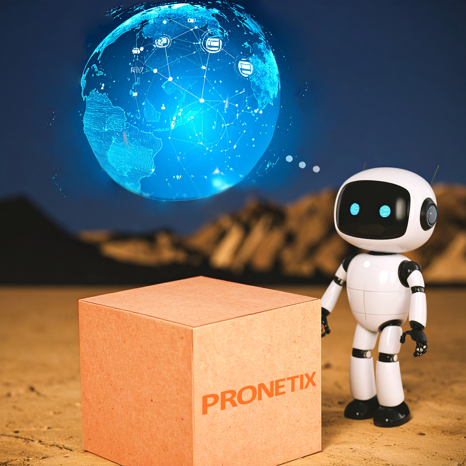 Kleiner futuristischer Roboter neben Pronetix-Umzugskarton, Gedankenblase zeigt digitalen Globus mit Netzwerk – Fokus auf Künstliche Intelligenz im Unternehmen