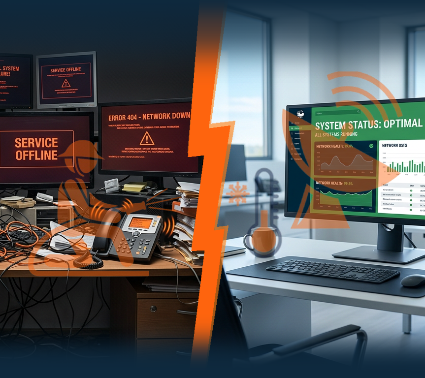 Symbolbild für einen Vergleich: Links ein chaotisches Büro mit Monitoren und Kabelsalat als Symbol für reaktive Feuerwehr-IT, rechts ein aufgeräumtes Büro mit Monitoren, die ein grünes Dashboard zeigen, als Symbol für proaktive Wetterdienst-IT